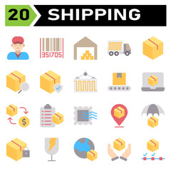 Shipping and logistic icon set include man, delivery, holding, service, courier, customer, bar code, tracking, order, bar, code, shipping, warehouse, garage, storehouse, logistic, box, cargo, truck