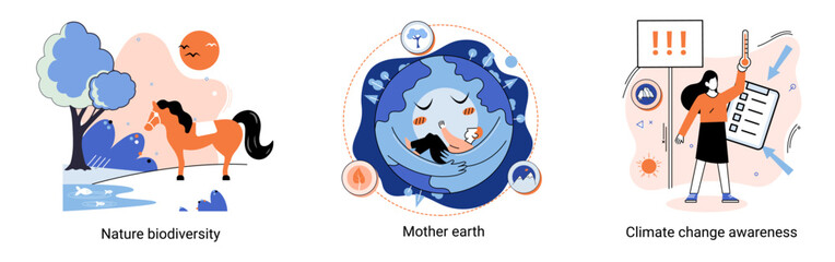 Change climate awareness, saving planet, World Environment Day, global warming ecological problems. Mother Earth day, nature biodiversity metaphor set. Care for surroundings eco concept