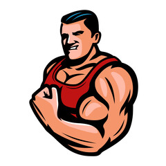 Fototapeta premium Strength and showing power. Muscular bodybuilder showing strong sport biceps. Gym, bodybuilding emblem or logo vector