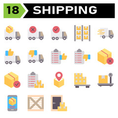 Shipping and logistic icon set include truck, delivery, shipping, box, order, canceled, complete, logistic, storage, warehouse, inventory, shelf, express, fast, urgent, like, dislike, list
