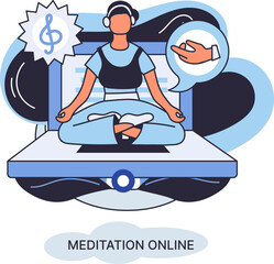 Meditation online metaphor. Classes on laptop, practicing yoga, mental exercises. Live stream, internet education. Wellness practice restore peace mind. Healthy lifestyle, clearing brain and managing