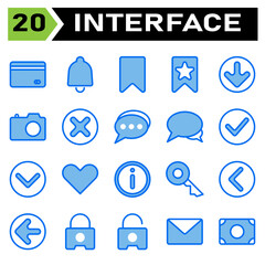 User interface icon set include bank, debit, payment, card, transaction, bell, alarm, ring, reminder, alert, wake, tag, maker, bookmark, label, offer, star, favorite, bottom, arrows, direction