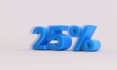 25 percent render 3d illustration percentage blue on white and glass