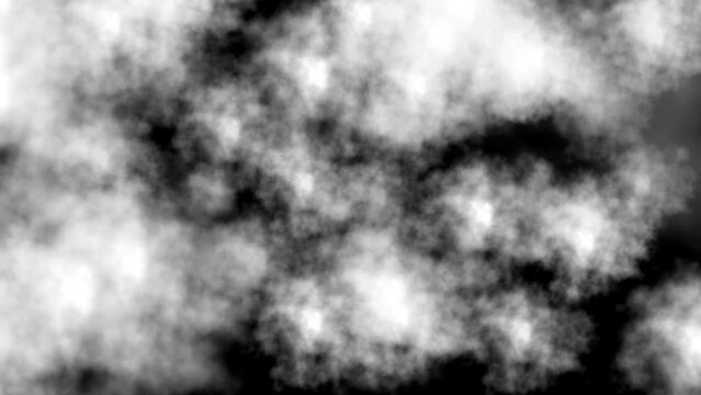 Flying through white fluffy clouds on black background. Abstract background. Motion graphic.