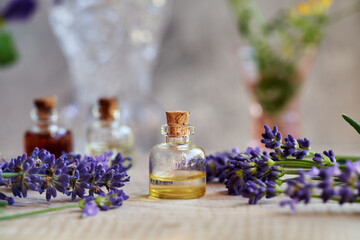 Obraz na płótnie Canvas A bottle of essential oil with fresh blooming lavender twigs