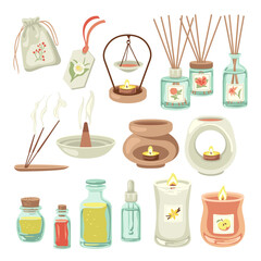 Candles and incense sticks for house vector illustrations set. Collection of home fragrances, diffusers and essential oils isolated on white background. Aromatherapy, relaxation, comfort concept