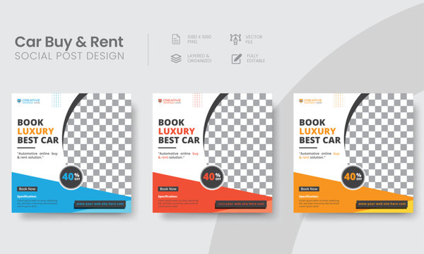 Creative luxury car social media branding set post. Modern and minimal vehicle promotional social media square layout web banner templates. Vol - 24