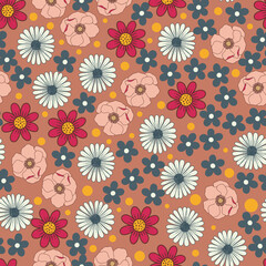 Retro Hippie Florals Vector Seamless Pattern