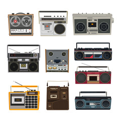 Various vintage tape recorders cartoon illustration set. Old boombox, audio magnetic recorders. Device for listening to music from cassette. Media, radio, entertainment concept