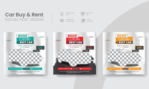 Creative luxury car social media branding set post. Modern and minimal vehicle promotional social media square layout web banner templates. Vol - 30