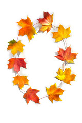 Number 0 or letter O from of colorful autumnal maple leaves on white background. Top view, flat lay
