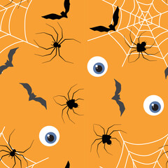 Halloween seamless pattern for wrapped paper with net, spider, bat, eyes. Vector illustration on orange background
