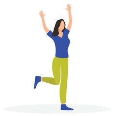 European woman happy with hands up. Woman rejoices in victory.  Win girl with fun. Vector illustration