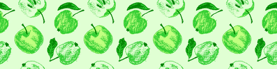 Green apples seamless pattern. Vector color apple background with fruit pencil drawings for vegan banner, juice, baby food packaging, jam label design. Cider badge backdrop. Organic food concept.