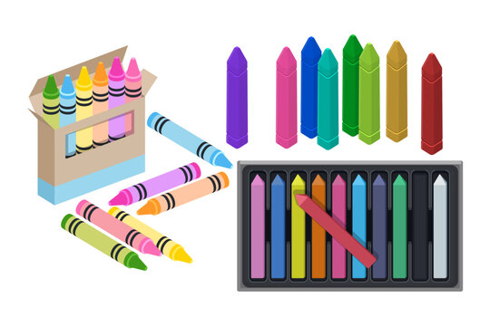 Crayon packages vector illustrations set. Cartoon drawings of cute color pencils in box or pack for babies isolated on white background. Creativity, childhood, stationery concept