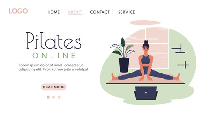 Online training. Pilates banner. Beautiful young woman at home.  Female character does yoga, meditation, stretching, indoor. Vector flat illustration for web,.app, healthy lifestyle, poster, website