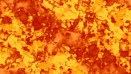 Colorful fire grunge background with scratches and cracks. Orange textured concrete wall. Abstract painted sunrise or sunset with clouds in artist design. Fire vibrant grunge. Red fire power poster. 