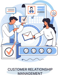 CRM metaphor. Customer Relationship Management. Application software for organizations automatisation of customer interaction strategies to increase sales, optimize marketing, improve customer service