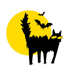 Happy Halloween. Halloween concept with bats, moon and black cat. Vector illustration design template for banner or poster.