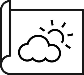 Art, picture, image concept. Simple monochrome isolated sign. Editable stroke. Vector line icon of sun over cloud on paper sheet