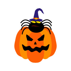 Happy Halloween Pumpkin Character on White Background with Spider in Witch Hat