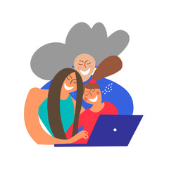 Happy family. Grandmother, daughter and granddaughter at the computer. Flat or cartoon vector illustration.