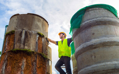 engineer controlling the quality of water Stand on the risky stairs at high places operating...