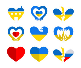 Set of hearts in the colors of the Ukrainian flag. Heart with Ukraine flag. Support Ukraine sign. Heart icon with colors of Ukrainian flag. War in Ukraine concept. Vector illustration