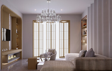 3d rendering,3d illustration, Interior Scene and  Mockup,living room interior wall,living room with wooden panels.