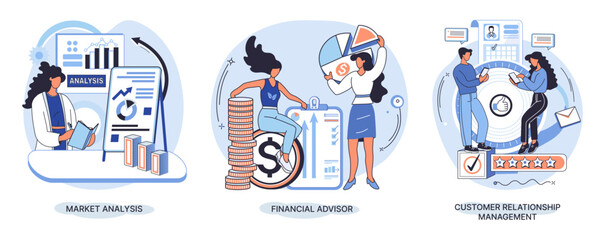 Fototapeta premium Market statistics analysis, financial advisor, customer relationship management business themes metaphor. Investment money, management planning for customer. Fiscal consultantation, client interaction
