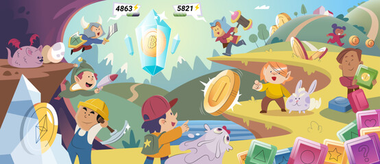 Play to earn. Metaverse, game finance technology. People playing online games with laptop, smartphone and vr goggles. GameFi design with cyber cartoon characters playing games to earn cryptocurrencies