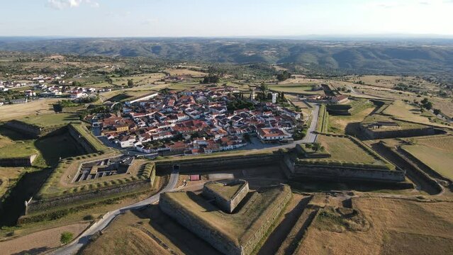 14th Century, Star fortress, Almeida, Portugal with mountainous terrain. Sunny.