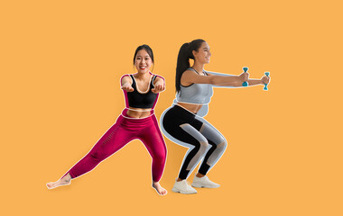Fototapeta na wymiar Glad slim arab and asian millennial ladies athletes in sportswear, overweight women drawn around, doing exercises, squat