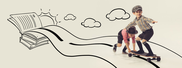Obraz premium Cheerful, playful children, boys playing together, having fun, skateboarding. Childhood dreams doodles
