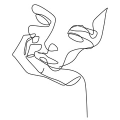 Continuous one line woman think about something holding her hand to her chin. Vector stock illustration.