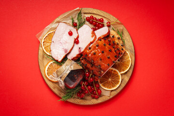 Concept of tasty food, ham, top view