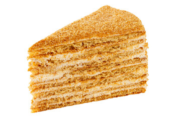 Slice of layered honey cake with sour cream