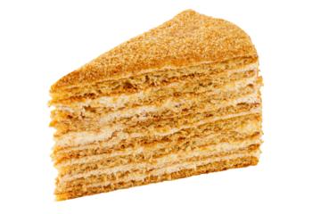 Slice of layered honey cake with sour cream