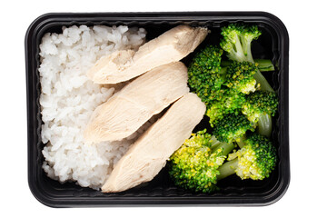 Portion of healthy lunch with rice and chicken