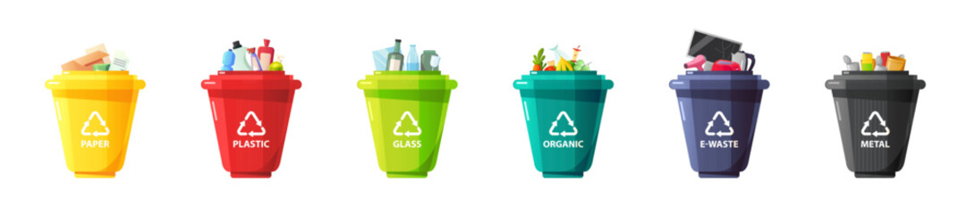 Set of waste container. Waste segregation. Sorting garbage by material and type in colored trash cans. Ecology save concept. Flat cartoon vector illustration.