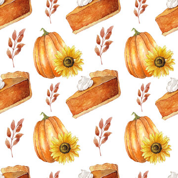 Seamless watercolor pattern with pumpkin pie, orange pumpkin, sunflowers and leaves. Thanksgiving day hand drawn background. Watercolor harvest illustration.