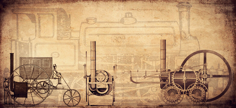 Schaubild Erfindung Dampfmaschinen Dampflokomotive 1802 auf altem Papier