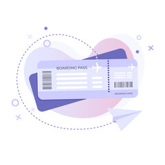 Vector illustration of airline ticket. Boarding pass in flat style on abstract gradient background with paper airplane. Travel, airplane booking, planning a vacation and tourism concept.