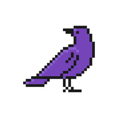 Fototapeta premium Crow icon in pixel art design isolated on white background, raven Halloween vector sign symbol.