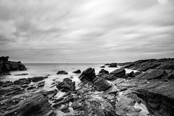 black and white rocky shore