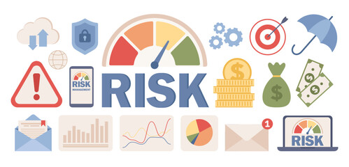 Risk management icon set. Risk speedometer, assessment and control. Risk meter. Business and investment concept. Vector flat illustration 