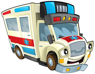 cartoon scene with funny looking ambulance truck illustration for children