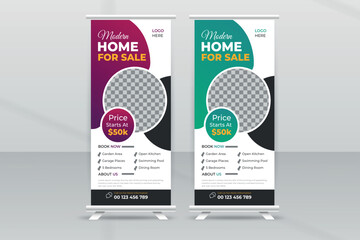 Modern home for sale roll up banner design template, abstract background, pull up design, modern x-banner, rectangle size.