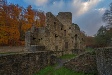 Fototapeta na wymiar Burgruine Ruine einer Wasserburg mit Burgturm und Burgmauern umgeben von Wald und einem Fluss