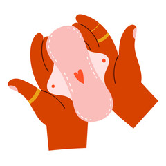 Reusable menstrual pads, woman holding in hands fabric sanitary pad for periods, waterproof zero waste hygiene product, hand drawn vector illustration isolated on white background © Favebrush